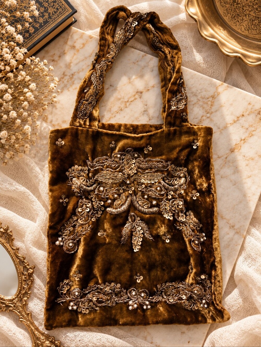 TOCCA Gold Velvet Embroidered Beaded Sequin Statement Bag